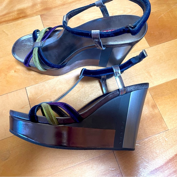 Prada Shoes - Prada wedges with tri-color velvet straps